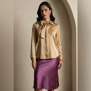 Silksilky | 19Momme Champagne Silk Long Sleeve Bow Tie Blouse in Size L